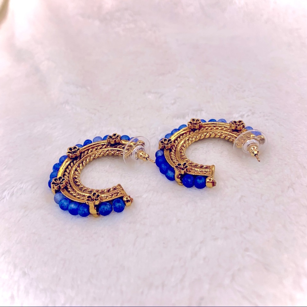 Antiquities Classic Blue Beaded Gold Hoop Earrings Vintage